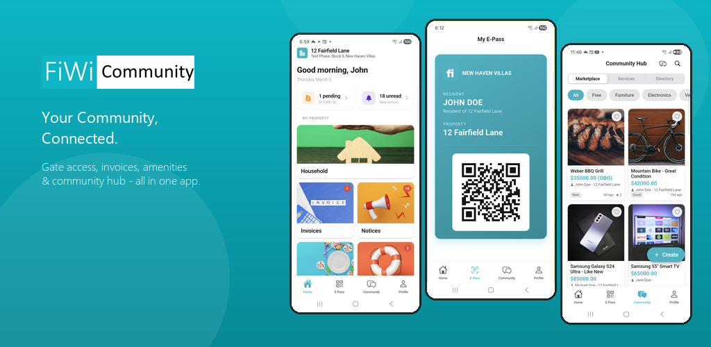 FiWi Community mobile app — community hub, digital visitor pass, and amenity marketplace screens